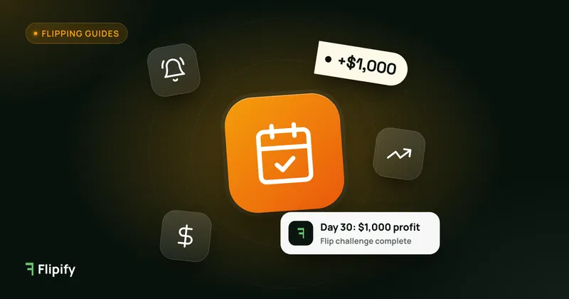 Calendar icon with a marketplace alert and a +$1,000 profit tag for the 30-day flip challenge