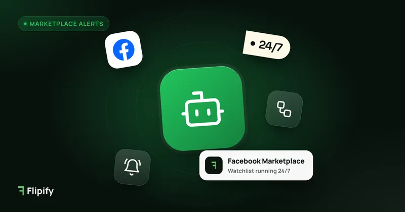 Automation robot with Facebook Marketplace logo for automating marketplace searches
