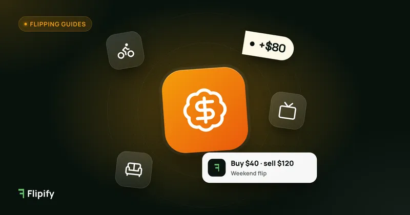 Dollar badge with bike, TV and sofa icons for the best things to buy and sell