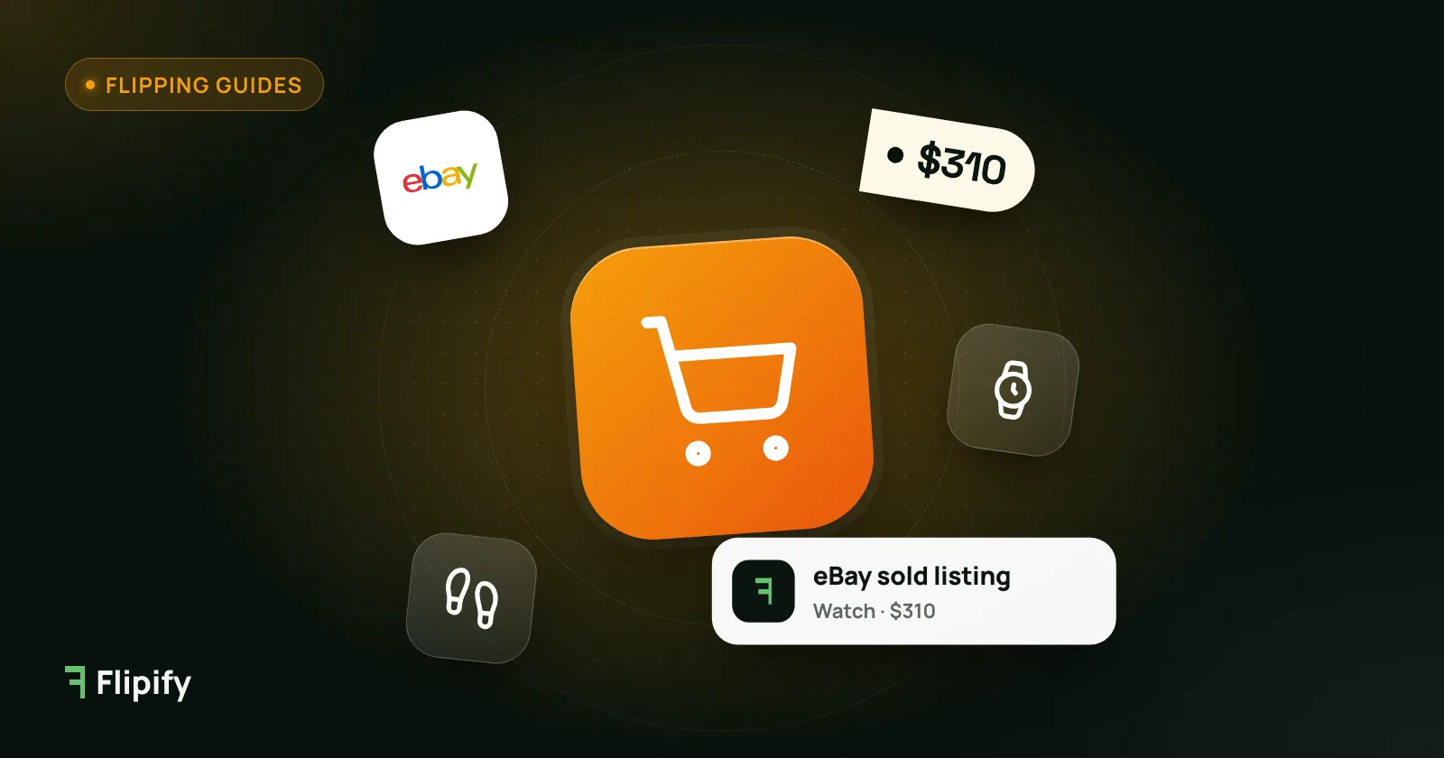 Shopping cart with eBay logo, watch and sneaker icons for things to flip on eBay