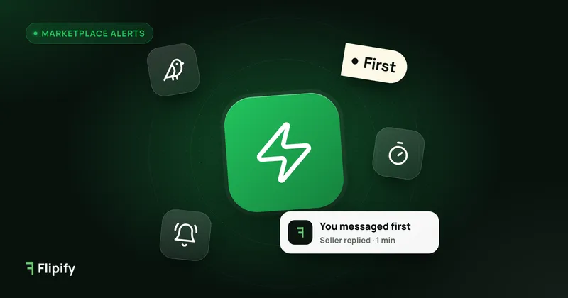 Lightning bolt with timer and bell icons showing why speed wins in reselling