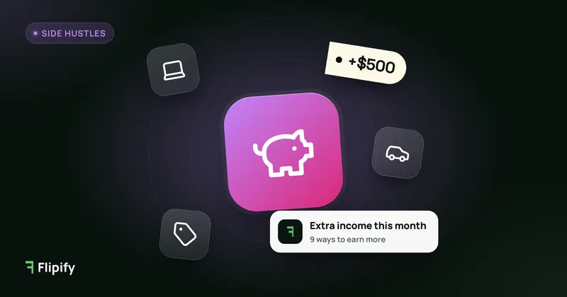 Piggy bank with laptop, car and tag icons for easy ways to make extra money