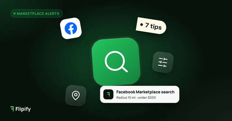Magnifying glass with Facebook Marketplace logo and filter sliders for search tips