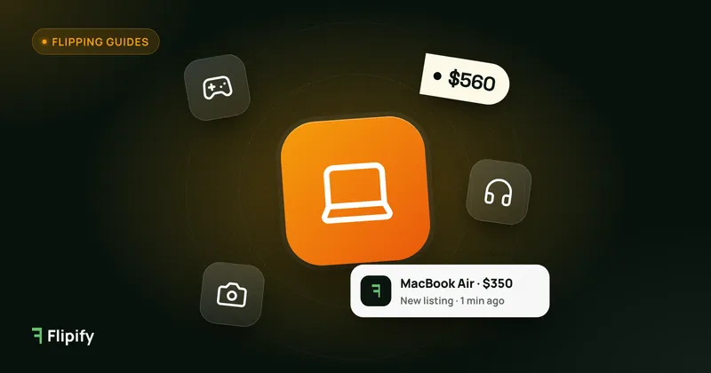 Laptop with game controller, headphones and camera icons for flipping electronics