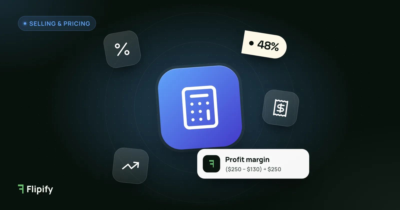 Calculator with percent and receipt icons showing a 48% profit margin