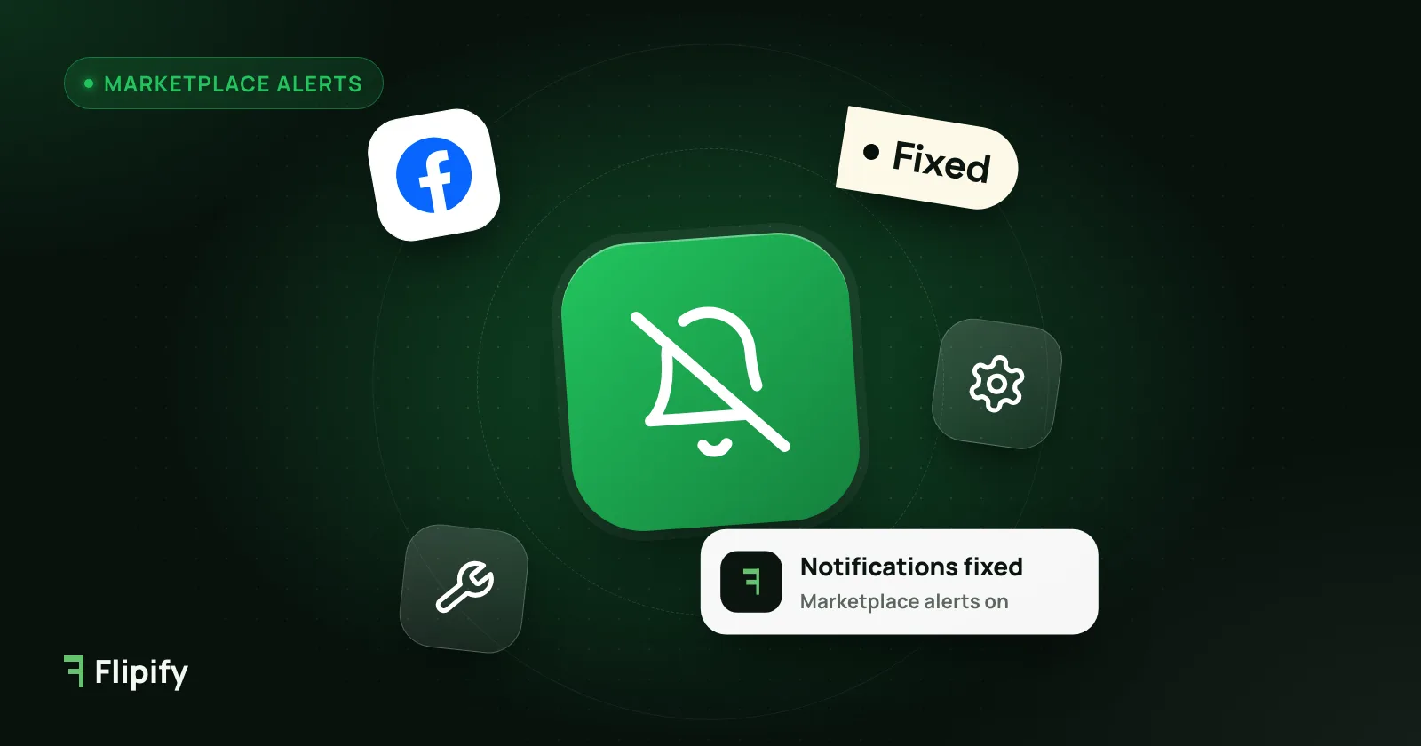 Muted notification bell with Facebook Marketplace logo and settings icons for fixing alerts