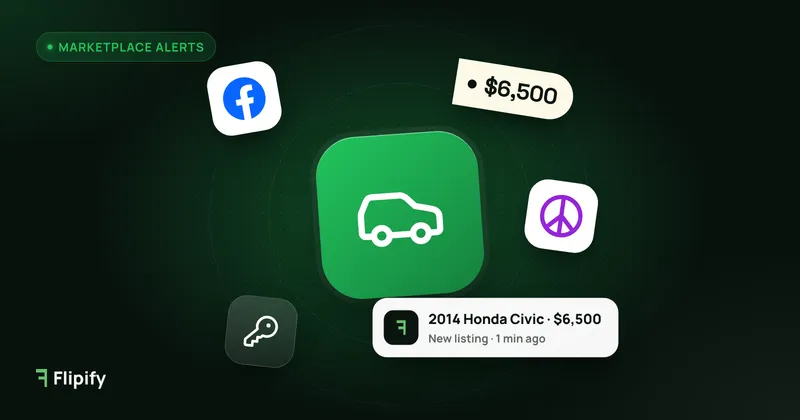 Car icon with a used Honda Civic listing alert from Facebook Marketplace and Craigslist
