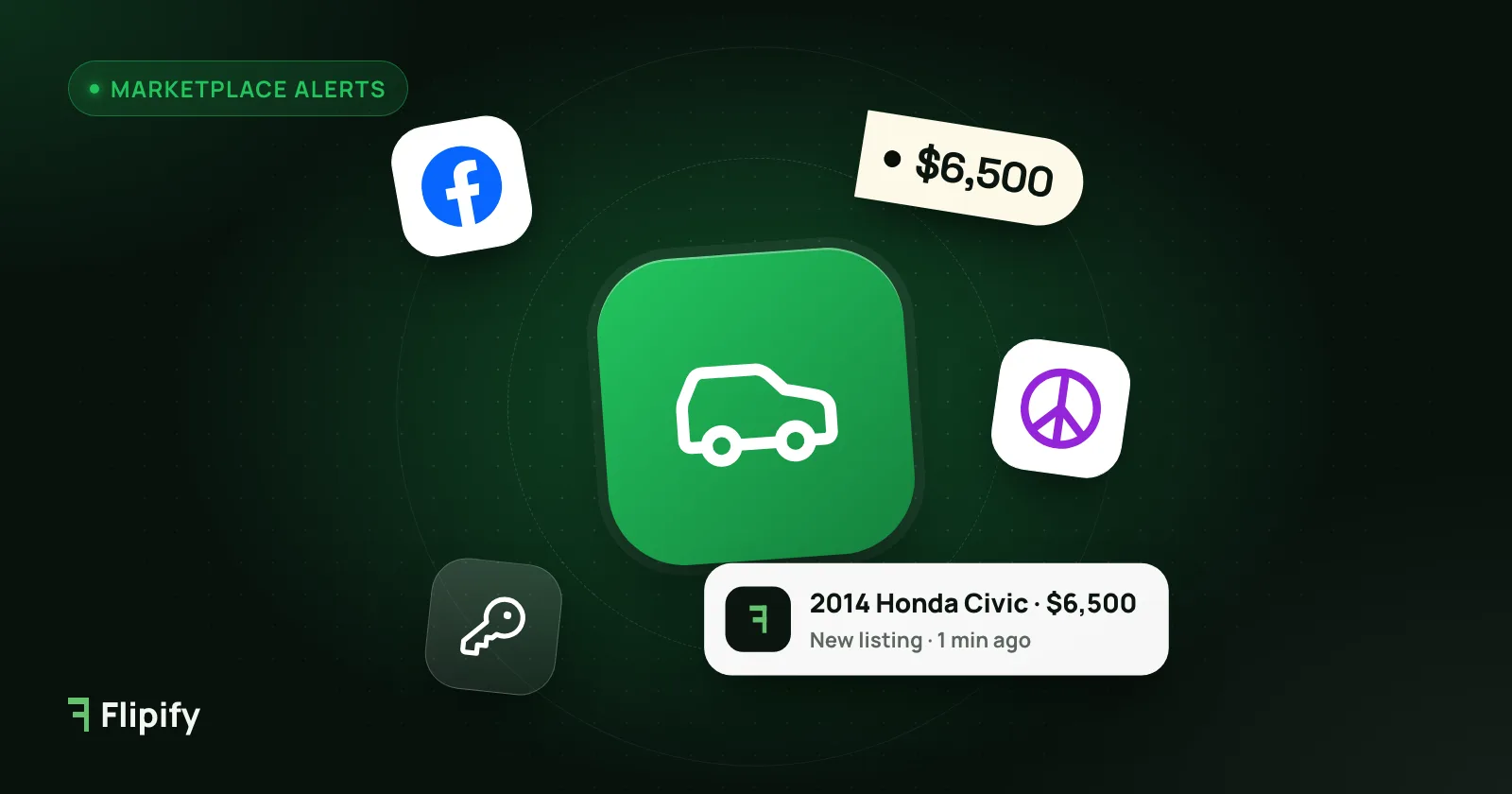 Car icon with a used Honda Civic listing alert from Facebook Marketplace and Craigslist