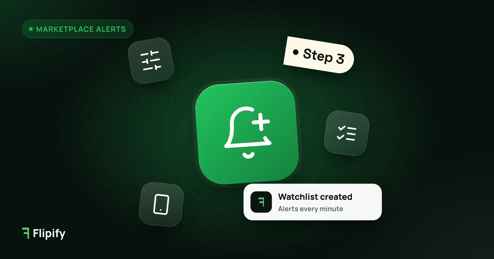 Bell with settings sliders and checklist icons for setting up marketplace alerts