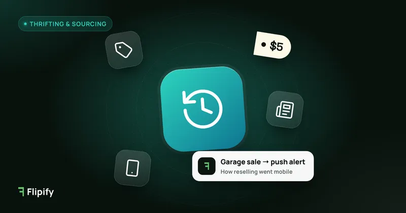 Timeline illustration of reselling moving from garage sale price tags to phone alerts