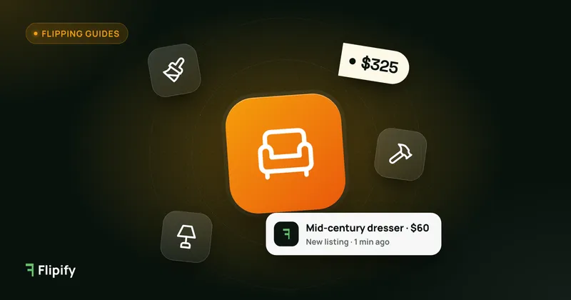 Armchair and restoration tool icons with a mid-century dresser listing alert