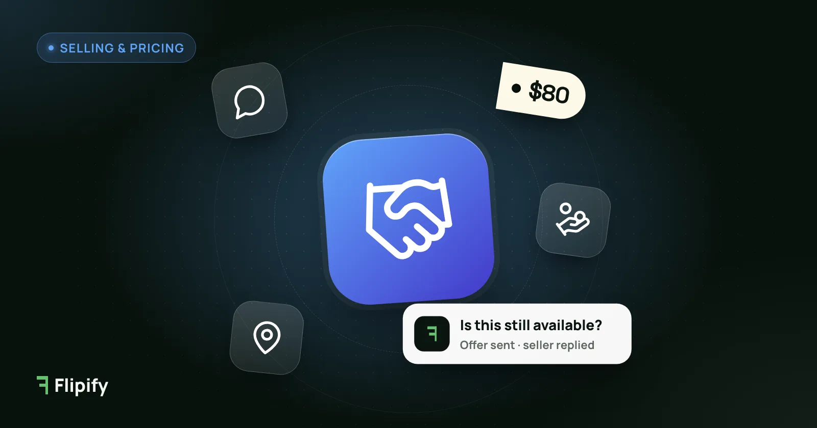 Handshake icon with a seller chat message for negotiating a marketplace deal