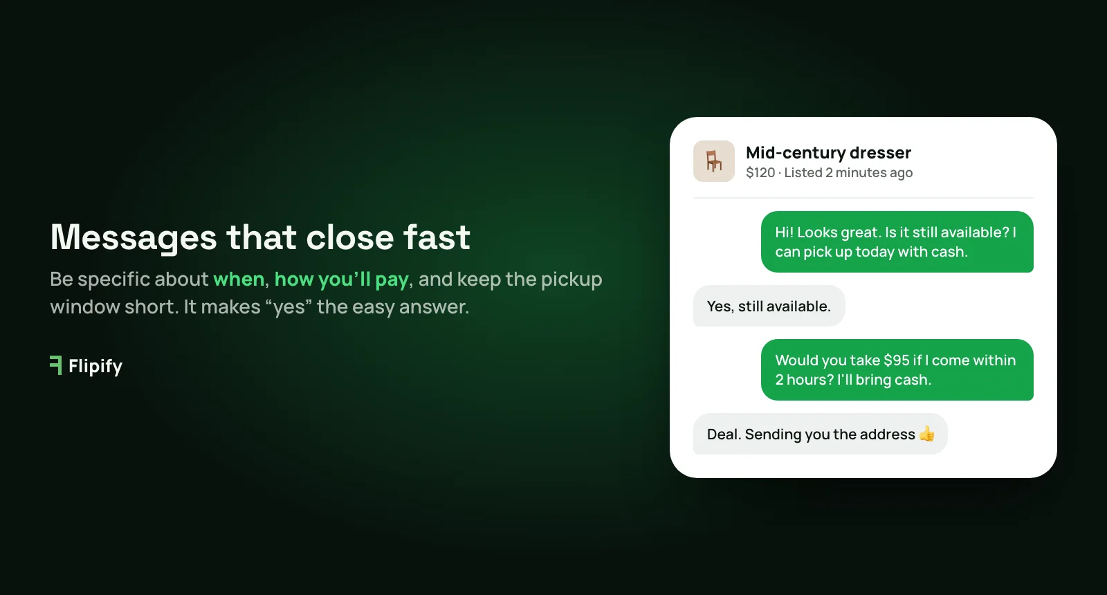 Example marketplace chat: buyer offers same-day cash pickup and a quick $95 offer on a $120 dresser, and the seller accepts