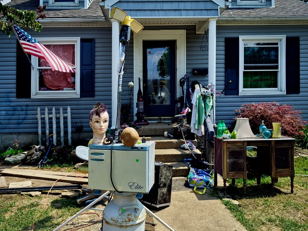 Yard sale with furniture, lamps and household items set out in front of a house