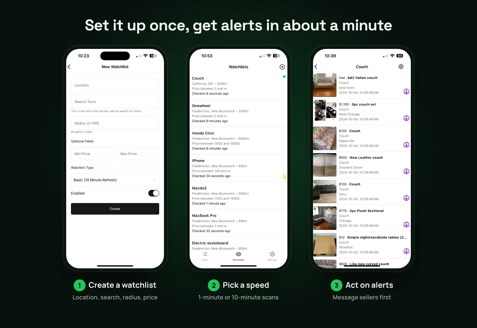 Three Flipify app screens: create a watchlist, choose 1-minute or 10-minute scanning, and browse new matching listings