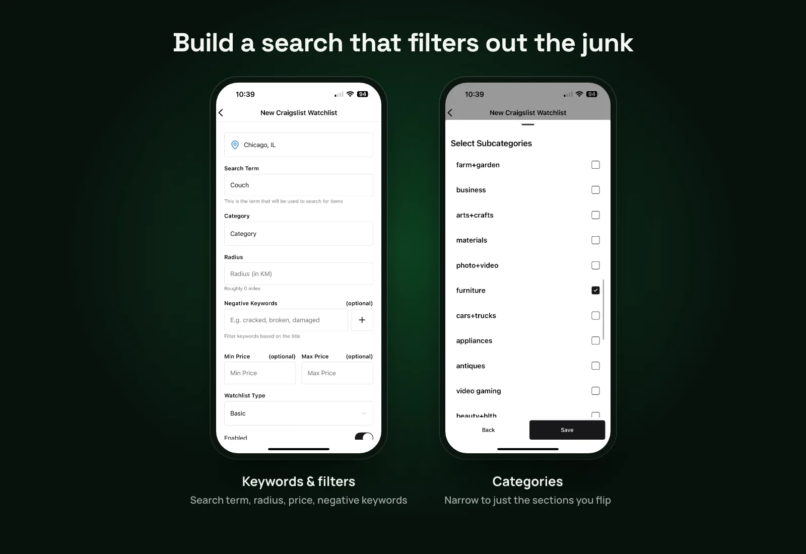 Flipify app screenshots: creating a watchlist with search term, category, radius, negative keywords and price range, and choosing Craigslist subcategories