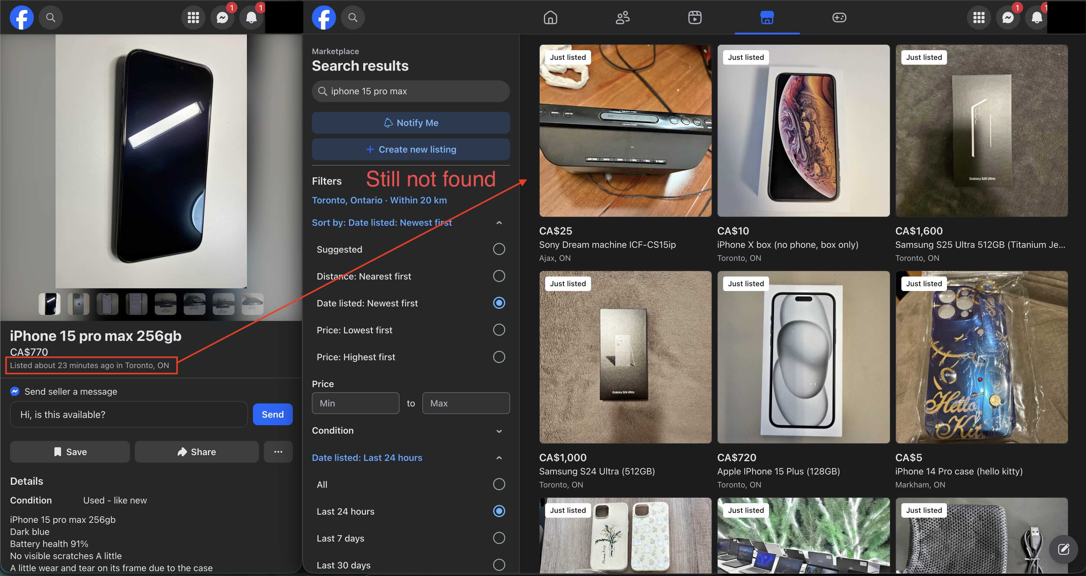 Example of delayed listing on Facebook Marketplace