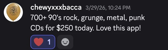 chewyxxxbacca: 700+ 90's rock, grunge, metal, punk CDs for $250 today. Love this app!